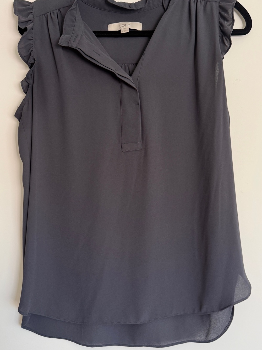 LOFT Slate Gray Ruffle Sleeve Sleeveless V-Neck Blouse